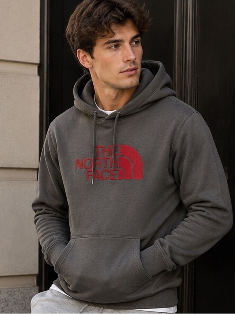 North face logo hoodie size small excellent condition. Gray with red lettering